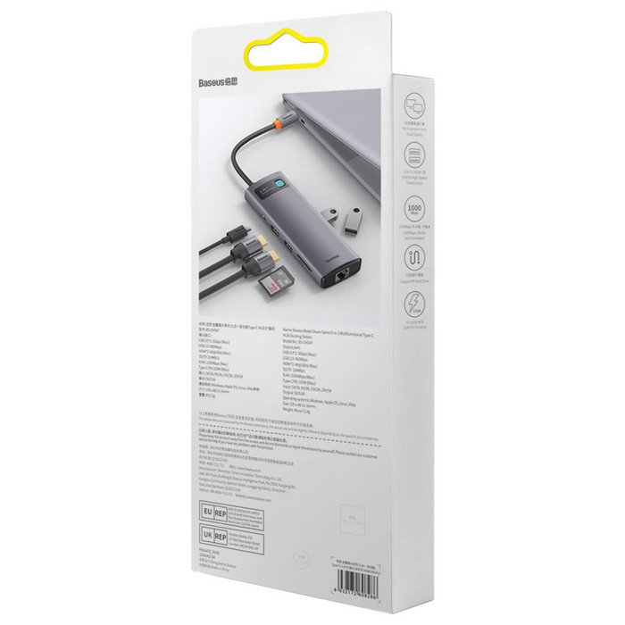 Station d&#39;accueil Baseus Metal Gleam Series HUB 9 en 1 USB Type C - 2 x HDMI / 2 x USB 3.2 Gen. 1/1 x USB 2.0 / 1 x Power Delivery / 1 x lecteur de carte SD / 1 x lecteur de carte TF / 1 x RJ-45 gris (WKWG060013)