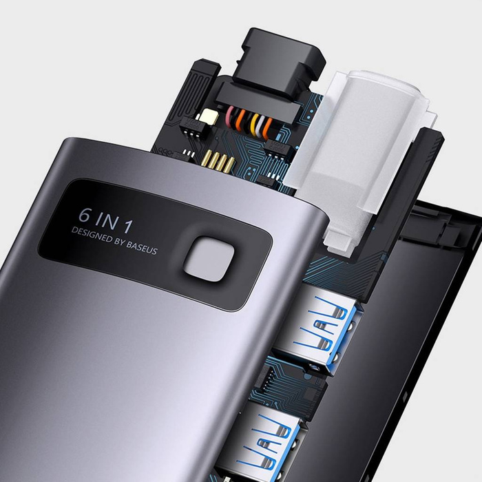 Dokovací stanice Baseus Metal Gleam Series HUB 6 v 1 USB typu C – 1 x HDMI / 3 x USB 3.2 Gen. 1/1 x napájení / 1 x VGA šedá (WKWG030013)