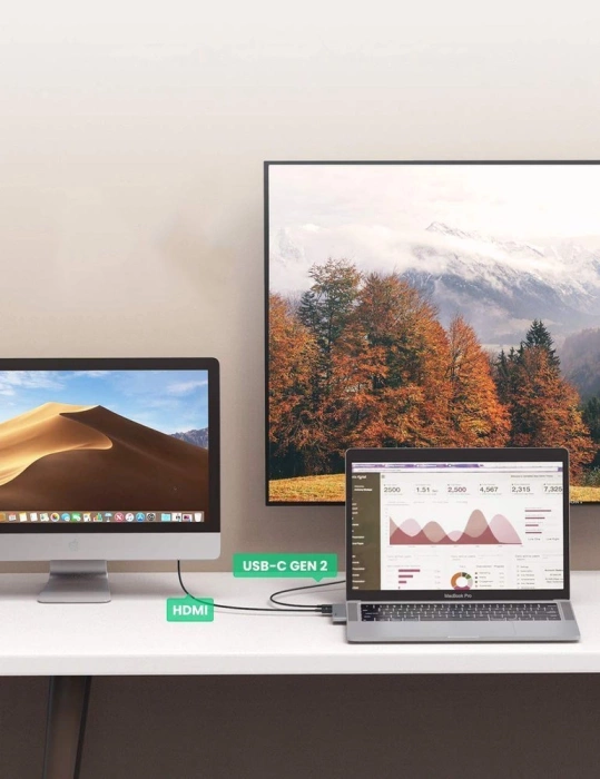 HUB Ugreen 60559 2x USB-C / USB-C PD (Thunderbolt 3, 100 W, 4K 60 Hz, 10 Gbit/s) / HDMI 4K 30 Hz / 3x USB 3.0 für MacBook Pro / Air – Grau