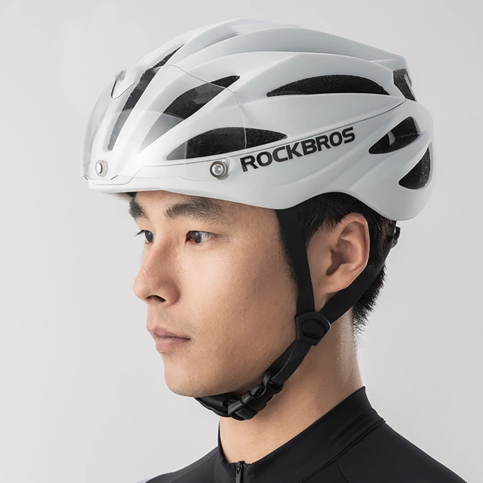 Rockbros Fahrradhelm mit Visier, abnehmbarer UV-Brille, Unisex, glänzend – Weiß