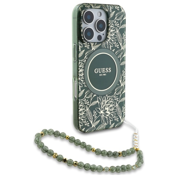 Guess GUHMP16XHCPOFPA iPhone 16 Pro Max   6.9" zielony/green hardcase IML Flowers Allover Electro With Pearl Strap MagSafe