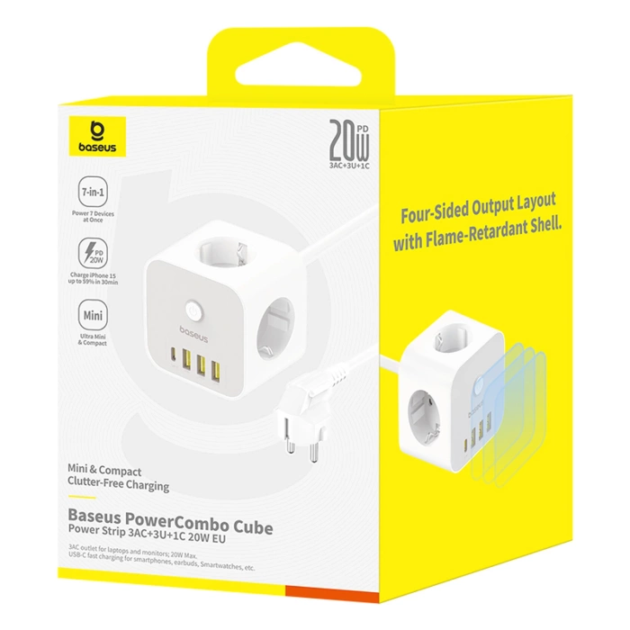 Baseus PowerCombo 7 in 1 Steckdosenleiste Würfel, 3 AC + 3 x USB-A + 1 x USB-C 20W 1,5 m - weiß