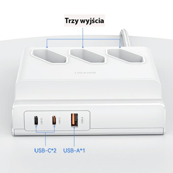 USAMS Napájecí lišta 65W Super Si Rychlé nabíjení USB Prodlužovací zásuvka EU bílá/bílá CC160TC01 (US-CC160)