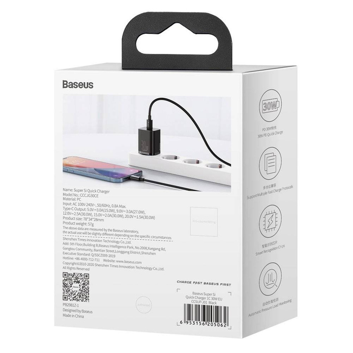 Baseus Super Si 1C caricatore rapido da parete USB Type C 30 W Power Delivery Quick Charge nero (CCSUP-J01)