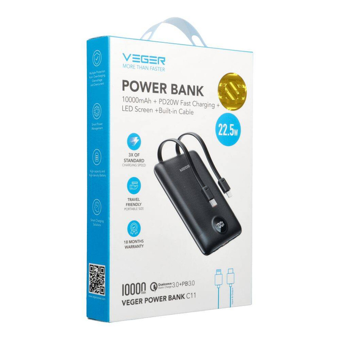 Powerbank Veger C11 (W1170) PD QC3.0 2A 22,5W 10 000 mAh z wbudowanymi kablami USB C / Lightning czarny
