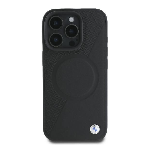 Funda BMW iPhone 16 Pro 6,3 "negro / negro durocase Signo de cuero medio texturizado y el círculo MagSafe