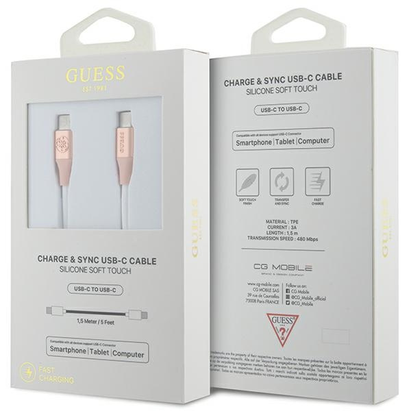 Guess GUCCLALRGDP kabel USB-C - USB-C 1.5m Fast Charging różowy/pink Ebossed Logo