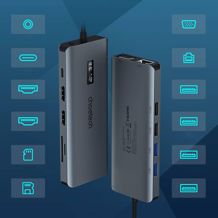 Choetech HUB multifuncional con pantallasm 12en1 USB-C a USB-C / USB-A / HDMI / VGA / AUX / SD / TF gris (HUB-M26)