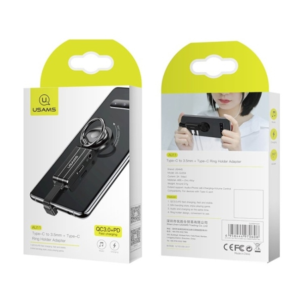 USAMS USB-C Jack 3.5mm 2-in-1 Ring Holder Adapter Black