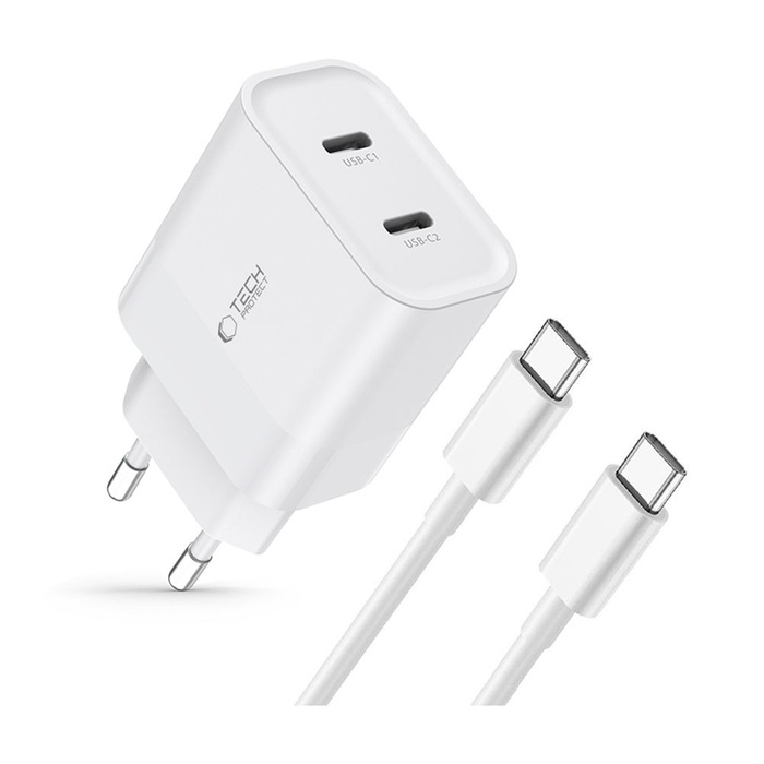 TECH-PROTECT C20W CARGADOR DE RED DE 2 PUERTOS PD20W + CABLE TIPO-C BLANCO