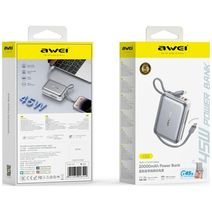 Powerbank Awei C03 20000mAh 45W          USB-A/USB-C + kable Lightning/USB-C srebrny