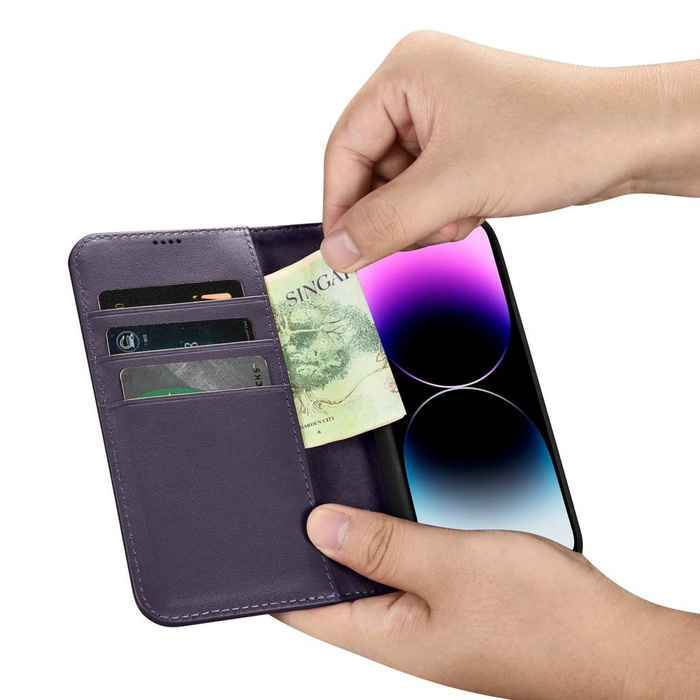 iCarer Wallet Case 2in1 pour iPhone 14 Pro Max Flip Cover en cuir Anti-RFID violet foncé (WMI14220728-DP)