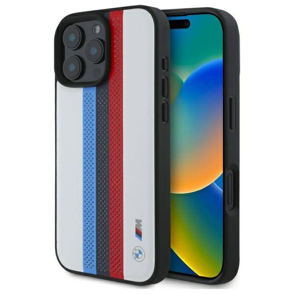 Cover BMW iPhone 16 Pro Max 6.9" bianco/bianco durocase M Perf. Strisce stampate tricolore MagSafe