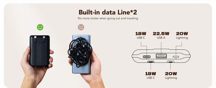 Powerbank Veger C11 (W1170) PD QC3.0 2A 22,5W 10 000 mAh z wbudowanymi kablami USB C / Lightning czarny