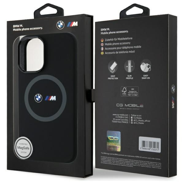 Case BMW iPhone 16 black/black hardcase M Silicone Printed Ring MagSafe