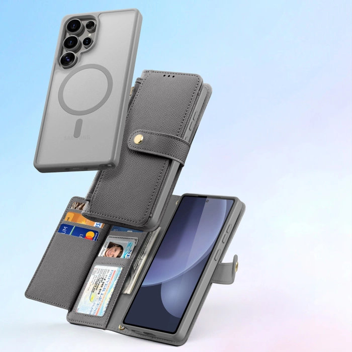 Dux Ducis Lawa Leather Case for Samsung Galaxy S25 Ultra with Detachable Magnetic Wallet - Gray