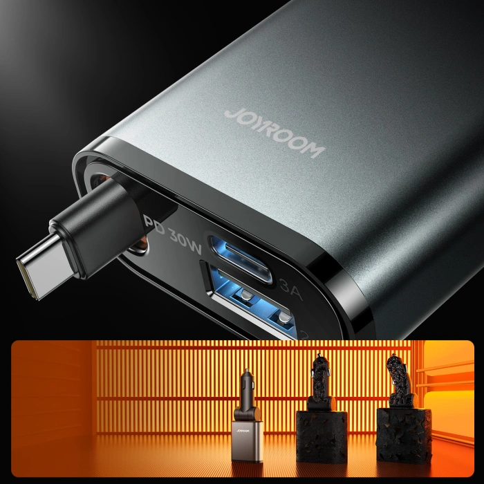 Ładowarka samochodowa Joyroom JR-CCL07 3w1 z wbudowanym kablem zwijanym - ciemnoszara