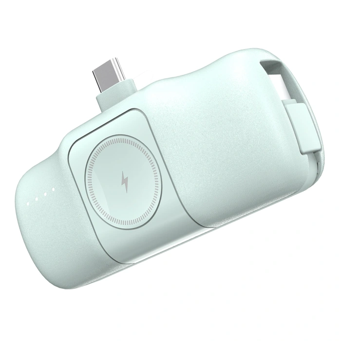 Mini powerbank Wozinsky WF16-YCS 5000mAh 15W USB-C z wbudowanym kablem USB-C i ładowarką do Apple Watch - zielony