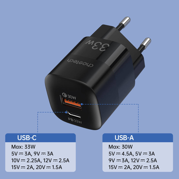 Choetech Schnelles USB-Wandladegerät USB Typ C PD QC 33W schwarz (PD5006)