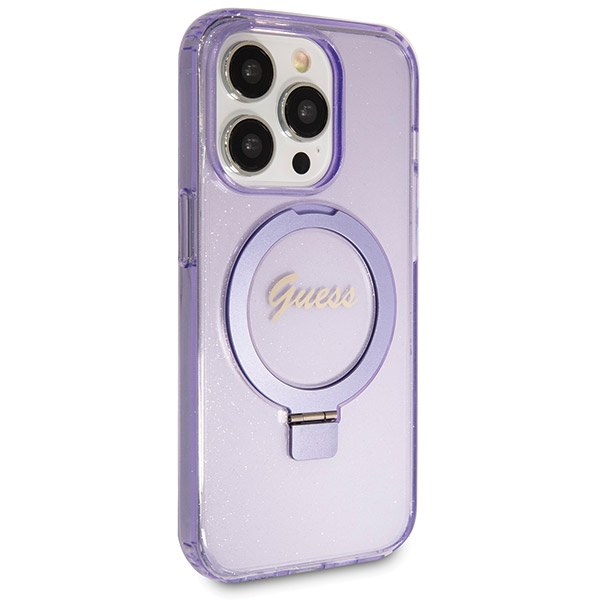 Etui Guess GUHMP14LHRSGSU iPhone 14 Pro 6.1" fioletowy/purple hardcase Ring Stand Script Glitter MagSafe Case