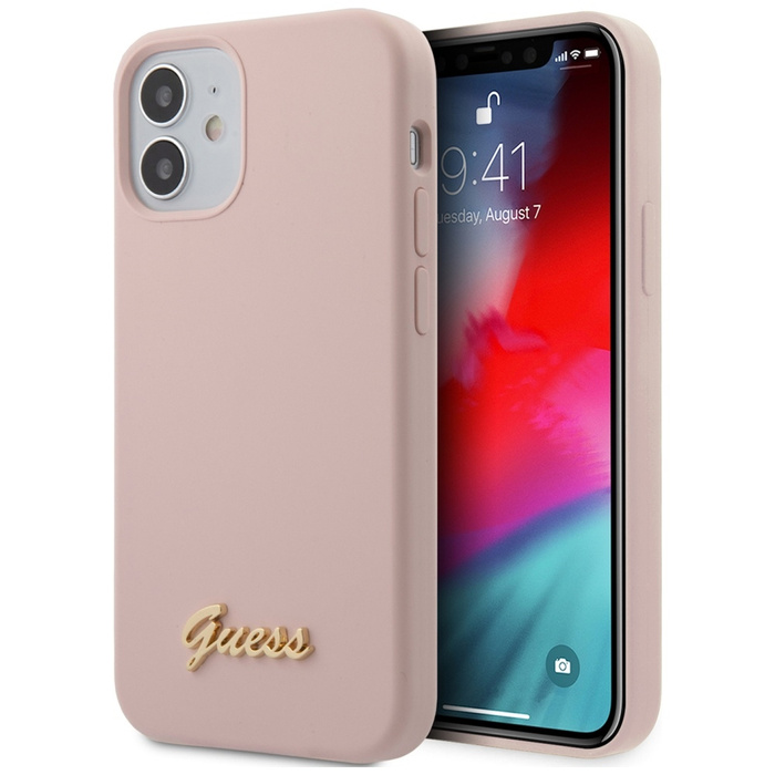Case GUESS Apple iPhone 12 Mini Silicone Script Gold Logo Bright Pink Hardcase