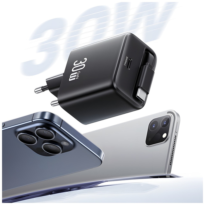 USAMS Ład. siec. 1xUSB-C ze zwijanym kablem USB-C Retractable PD+QC 30W Gan Fast Charging czarny/black YC Series CC241TC01 (US-CC241)