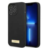 Hülle GUESS Apple iPhone 13 Pro Max Silikon Logo Platte MagSafe Schwarz Hartcase