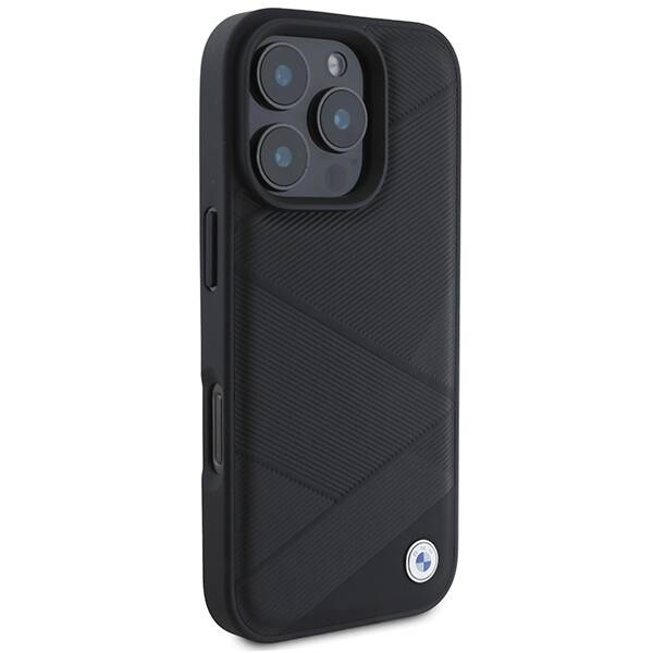 Hülle BMW iPhone 16 Pro 6.3" schwarz/schwarz hartcase Schild Leder Kreuzungslinien Muster