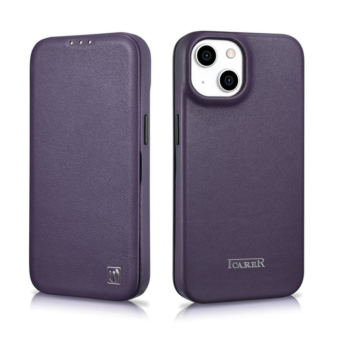 Kožené pouzdro iCarer CE Premium Leather Folio Case iPhone 14 Flip Magnetic MagSafe Leather Case Dark Purple (WMI14220713-DP)