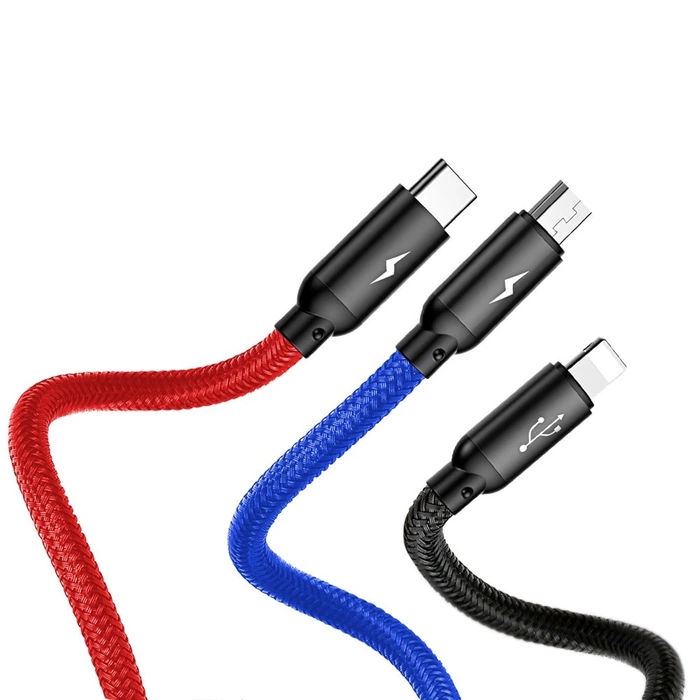 Baseus Three Primary Colors 3in1 USB cable - micro USB / Lightning / USB-C nylon braided 3.5A 1.2M black (CAMLT-BSY01)