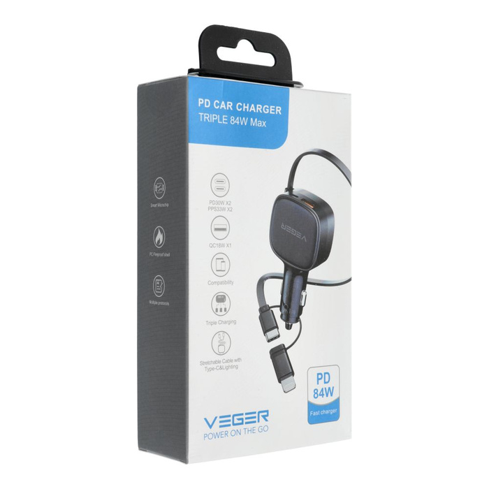 Ładowarka samochodowa VEGER USB C + kabel USB C / Lightning QC PD 84W CC89 czarna