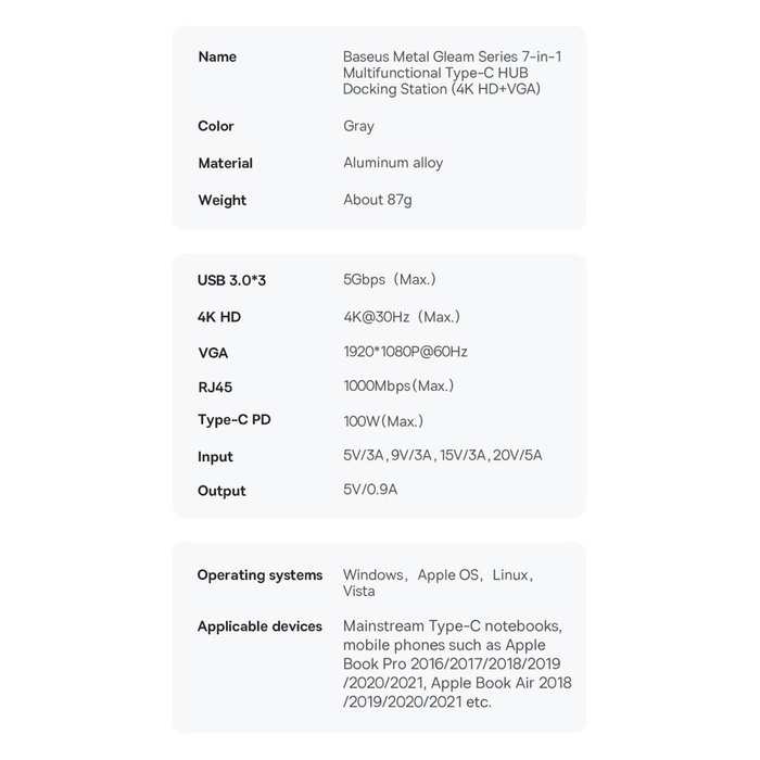 Baseus Metal Gleam Series HUB 7 in 1 USB Type C Docking Station - 1 x HDMI / 1 x VGA / 3 x USB 3.2 Gen. 1/1 x Power Delivery / 1 x RJ-45 Ethernet Gray (WKWG040013)