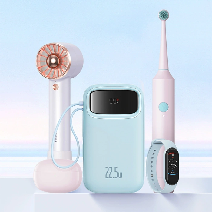 Powerbank Baseus Qpow2 20000mAh 22,5W z podwójnym kablem z wyświetlaczem cyfrowym + kabel Baseus Simple USB-C 3A 0,3m (biały) - niebieski