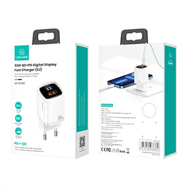 USAMS-Netzaufladung. 1xUSB-C+1xUSB T46 33W (nur Kopf) PD3.0 +QC3.0 Fast Charging weiß/weiß CC152TC02 (US-CC152)