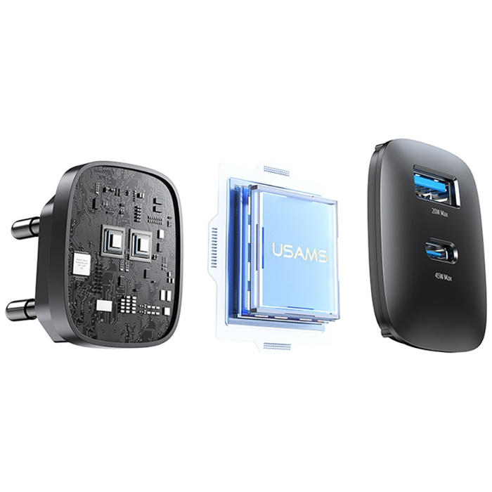 Ładowarka Sieciowa USAMS CC290 T66 45W GaN 1xUSB-A 1xUSB-C Srebrna