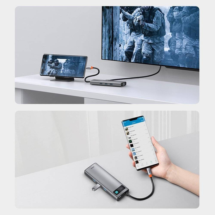 HUB multifonctionnel Baseus Metal Gleam 9en1 USB Type C - 3x USB 3.2 Gen 1 5Gbps / USB Type C PD 100W / VGA Full HD 60Hz / HDMI 4K 30Hz / czytnik kart TF i SD / RJ45 1Gbps gris (CAHUB-CU0G)