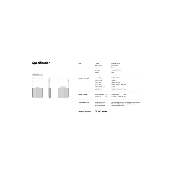 Powerbank Veger (W2060) PD QC3.0 3A 20W 20000 mAh czarny