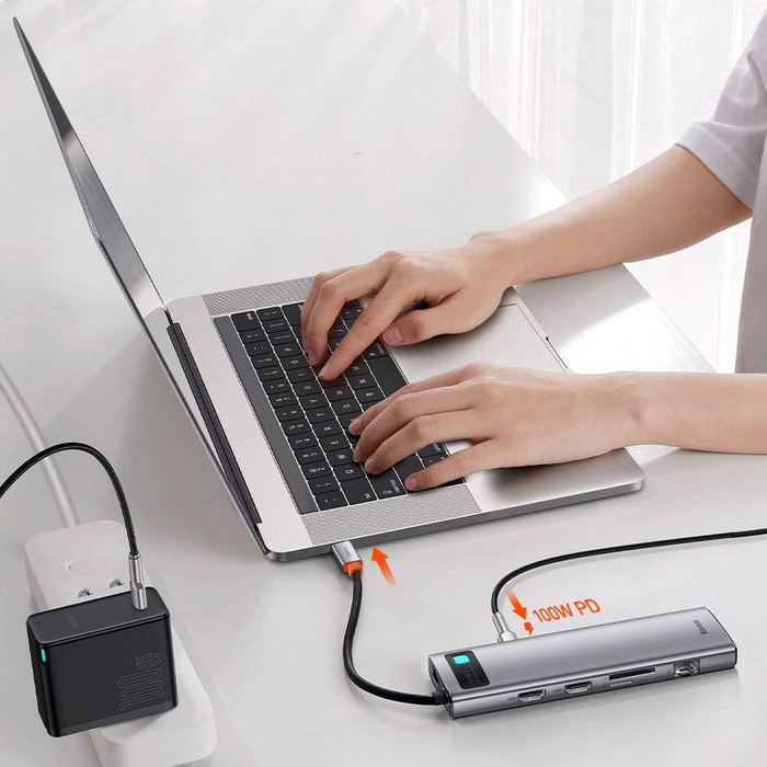 Baseus Metal Gleam 11in1 Multifunktions-HUB USB Typ C - 3x USB 3.2 Gen 1 5Gbps / USB Typ C PD 100W / 3,5 mm Miniklinke AUX / VGA Full HD 60Hz / 2x HDMI 4K 30Hz / TF und SD Kartenleser / RJ45 1Gbps grau (CAHUB-CT0G)