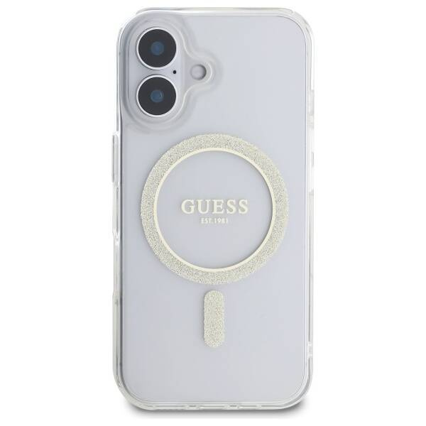 Etui Guess iPhone 16 Plus przeźroczysty/transparent hardcase IML Glitter Circle MagSafe