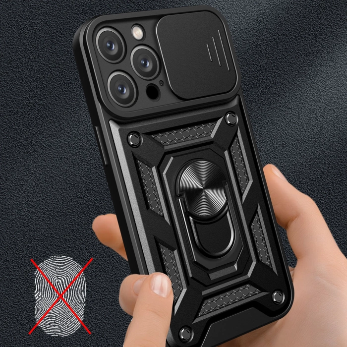 Hybrid Armor Camshield iPhone 16 Pro gepanzerte Hülle mit Kameraabdeckung und Ständer – Schwarz