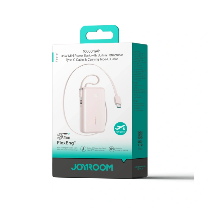 Powerbank Joyroom JR-PR2L 10000mAh 35W z wbudowanym zwijanym kablem USB-C i kablem-smyczą USB-C - różowy