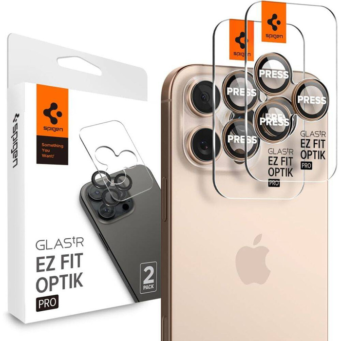 Spigen IPhone PROTECTOR DE CÁMARA OPTIK PRO GLAS.TR "EZ FIT" PROTECTOR DE CÁMARA 2-PACK 16 PRO / PRO MAX DESERT TITANIUM