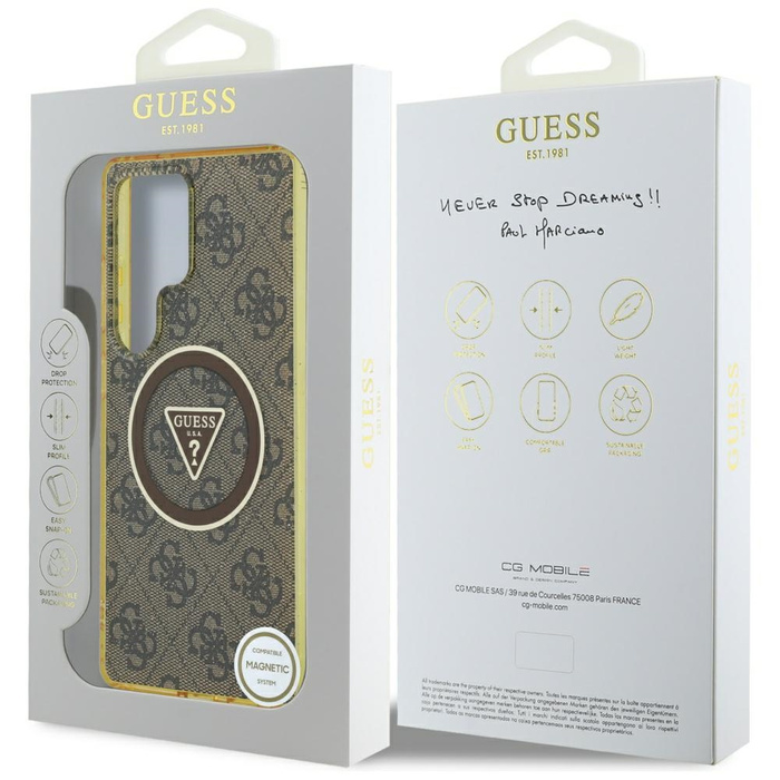 Etui Guess 4G Glitter Triangle Buttons    MagSafe do Samsung Galaxy S25 Ultra brązowy