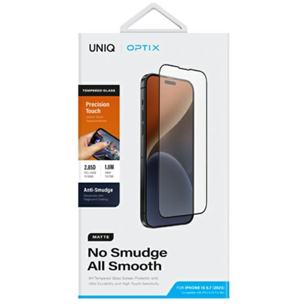 Uniq Optix Mattes, mattiertes Hartglas für iPhone 15 Plus / 14 Pro Max mit Applikator