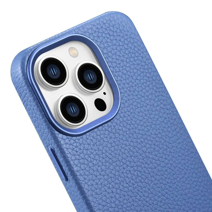 iCarer Litchi Premium Leather Case Étui en cuir iPhone 14 Pro Max magnétique avec MagSafe bleu clair (WMI14220712-LB)