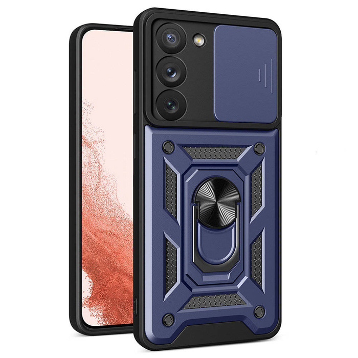 Coque Hybrid Armor Camshield pour Samsung Galaxy S23+ coque blindée avec cache caméra bleu