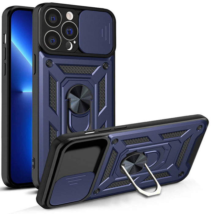 Coque Hybrid Armor Camshield pour iPhone 13 Pro Max coque blindée avec cache caméra bleu