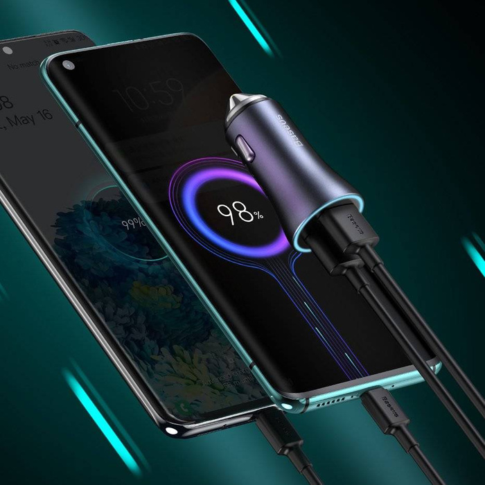 Chargeur voiture rapide Baseus Golden Contactor Pro USB Type C / USB 40 W Power Delivery 3.0 Charge rapide 4+ SCP FCP AFC + USB - Câble USB Type C gris (TZCCJD-0G)