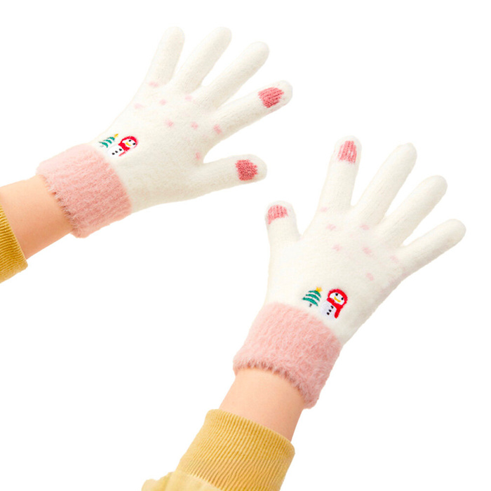 Guantes telefónicos de invierno para mujer con muñeco de nieve y árbol de Navidad: blanco y rosa