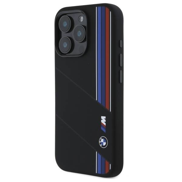 Hülle BMW iPhone 16 Pro Max schwarz/schwarz hartcase Silicone Cut Tricolor Lines MagSafe